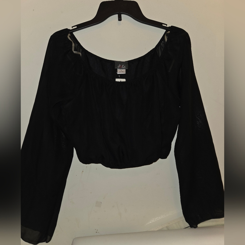 Dots Elegant Black Crop Top Blouse with Sheer Sleeves